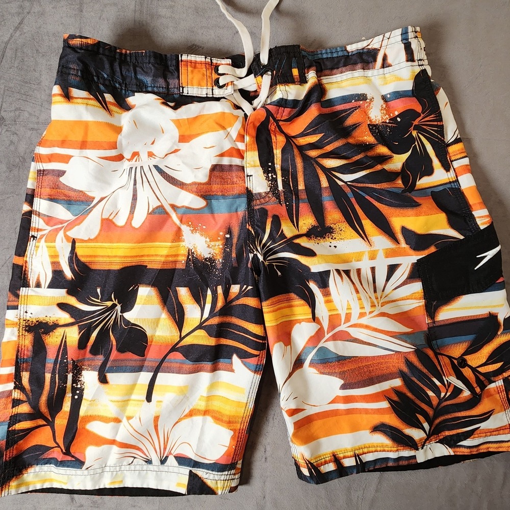 Speedo Mens Tropical Floral Board Shorts Orange Yellow Black Swim Trunks Size M